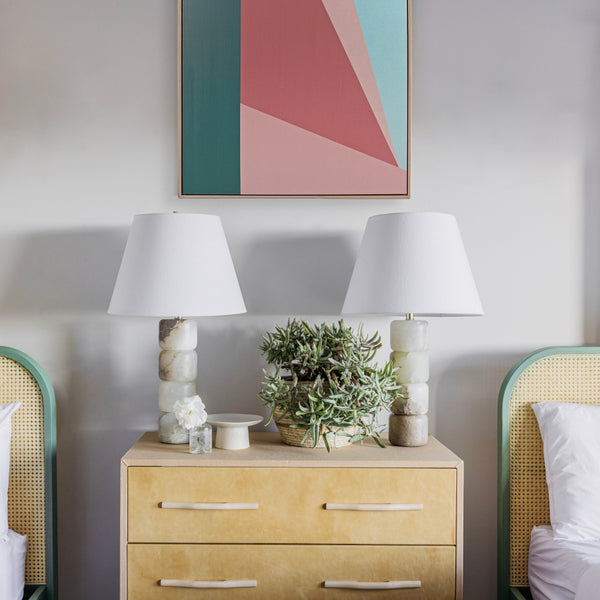 Image of Industry West Oslo Three Drawer Dresser Cane Bed Domo Lamp taken by Christopher Lee for Key Health Care LA